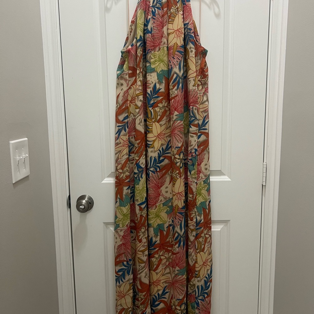 Chetta B Floral Halter Maxi Dress in Beige, Rust, Blue & Green